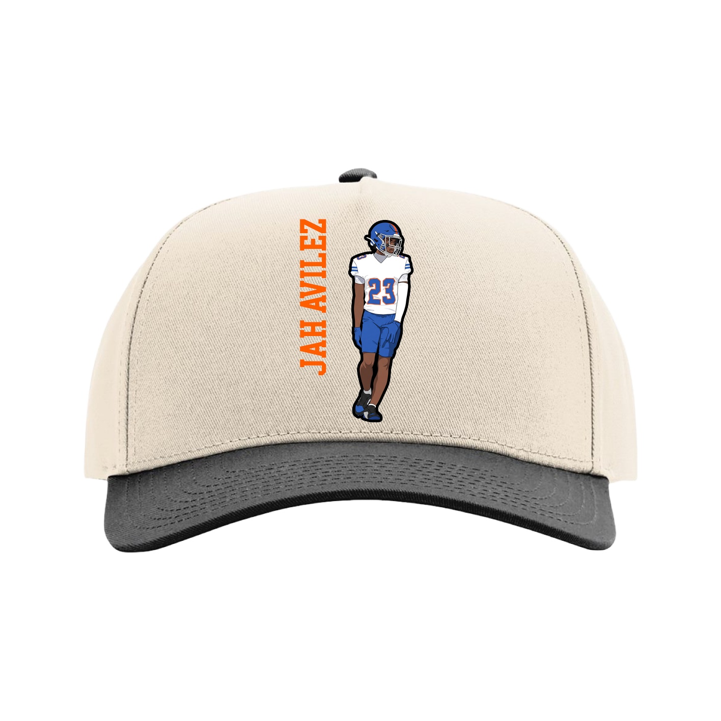 Full Fabric Five-Panel Champ Cap — Name Vertical in Cream/Black