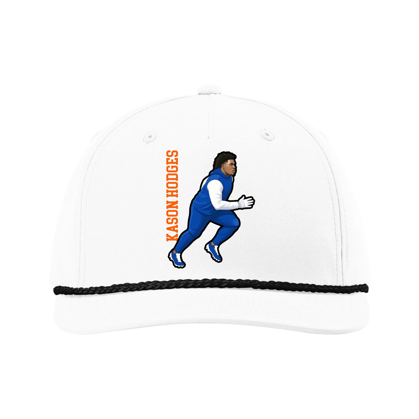 Five-Panel Classic Rope Cap — Name Vertical in White