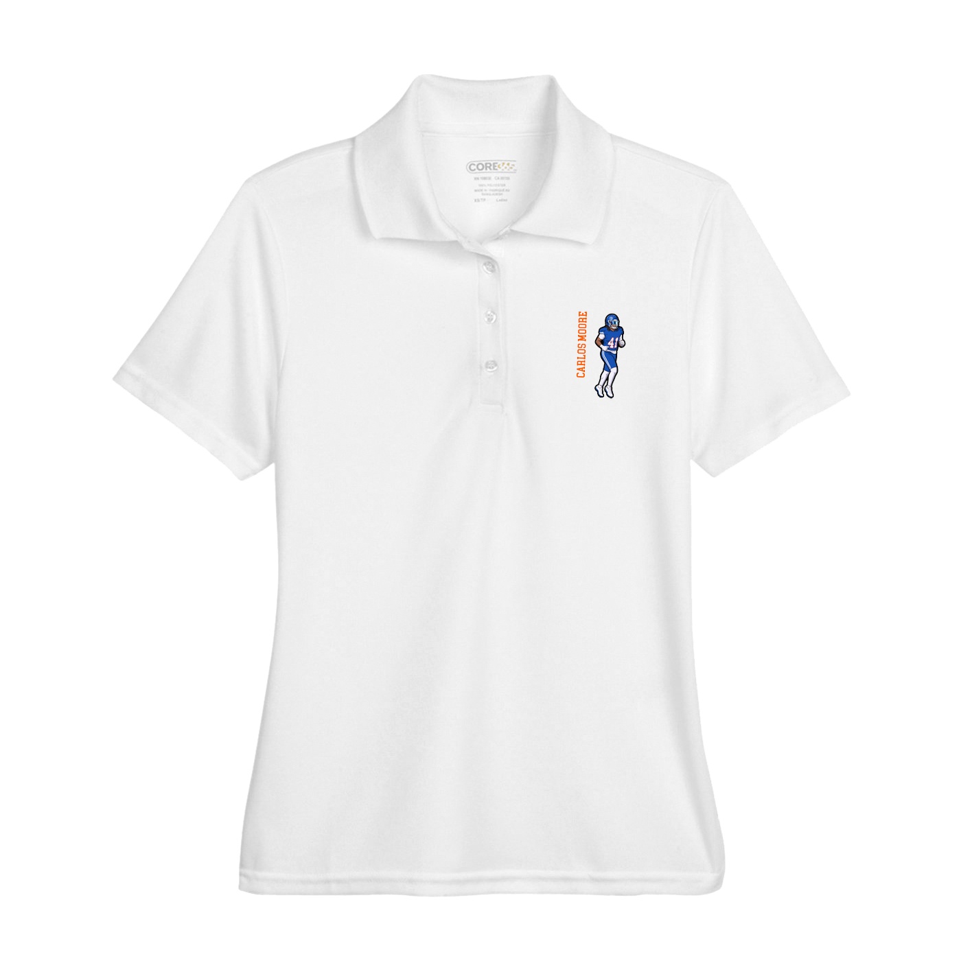 Womens Performance Polo — Name Vertical in White