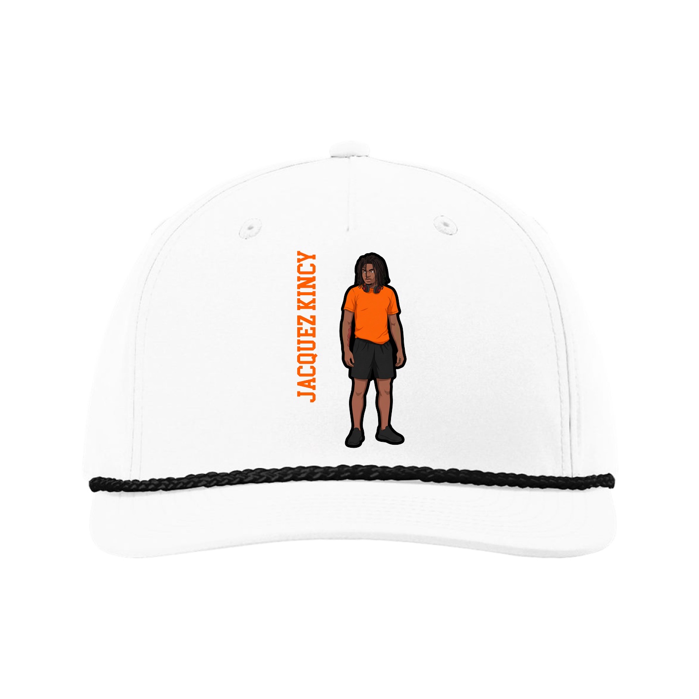 Five-Panel Classic Rope Cap — Name Vertical in White