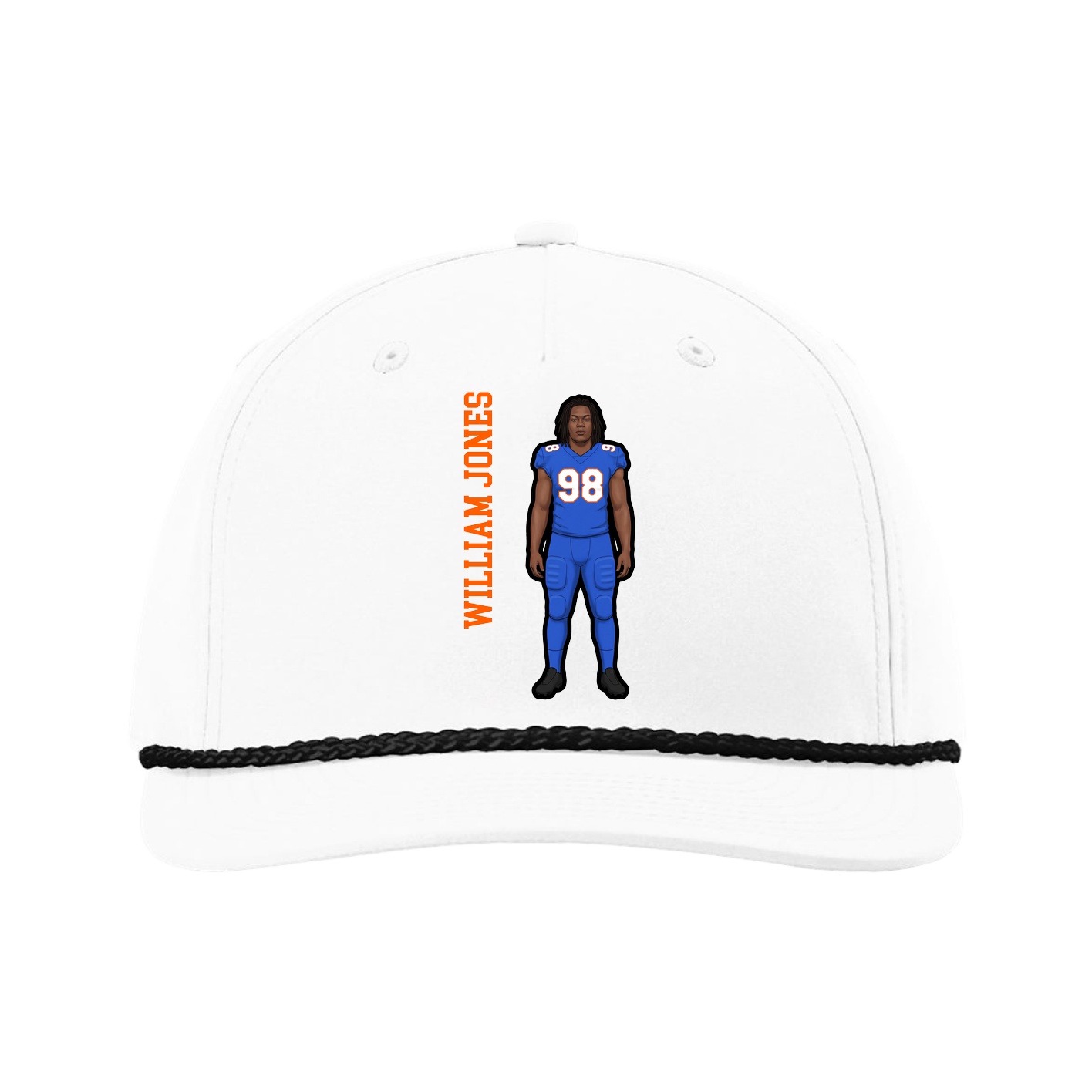 Five-Panel Classic Rope Cap — Name Vertical in White