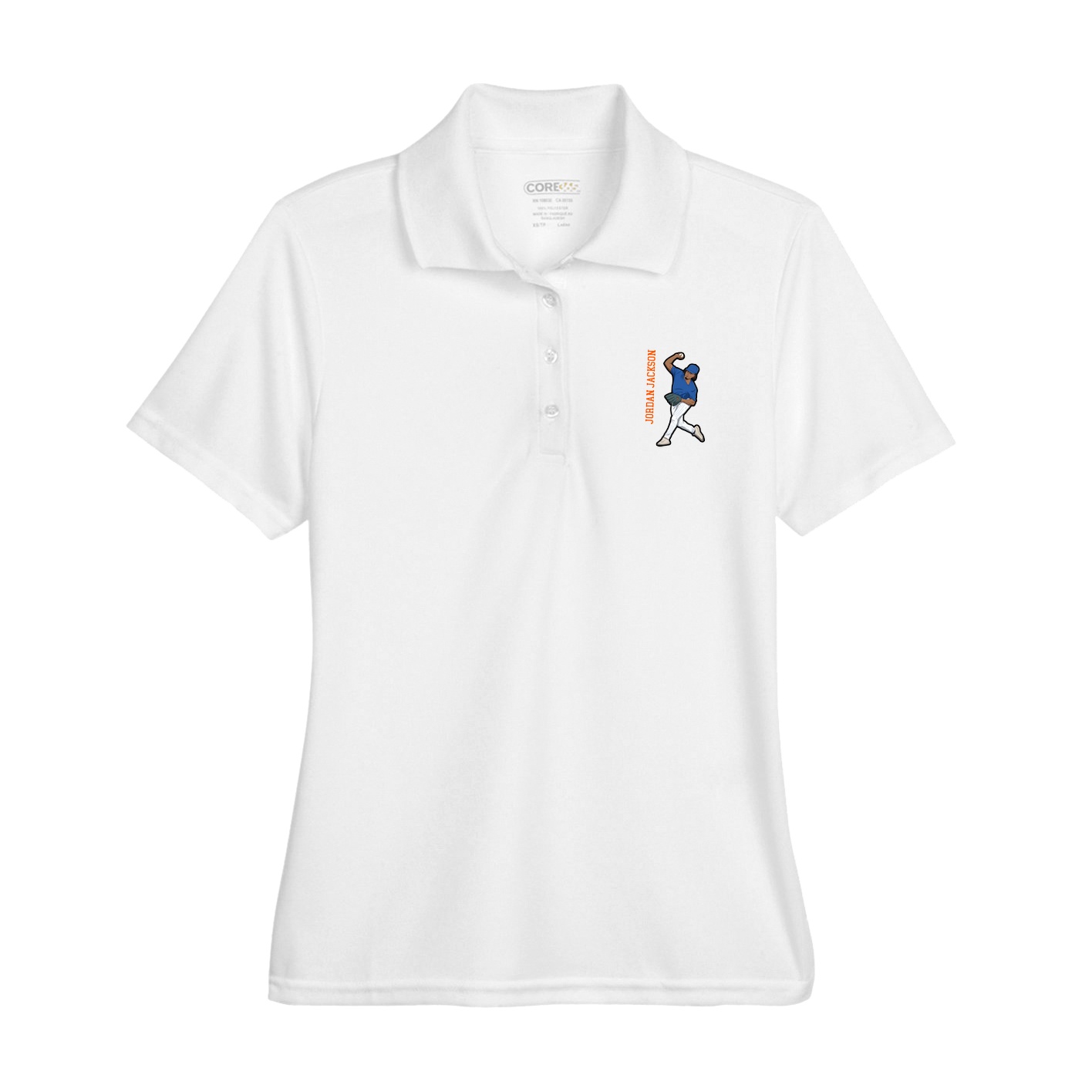 Womens Performance Polo — Name Vertical in White