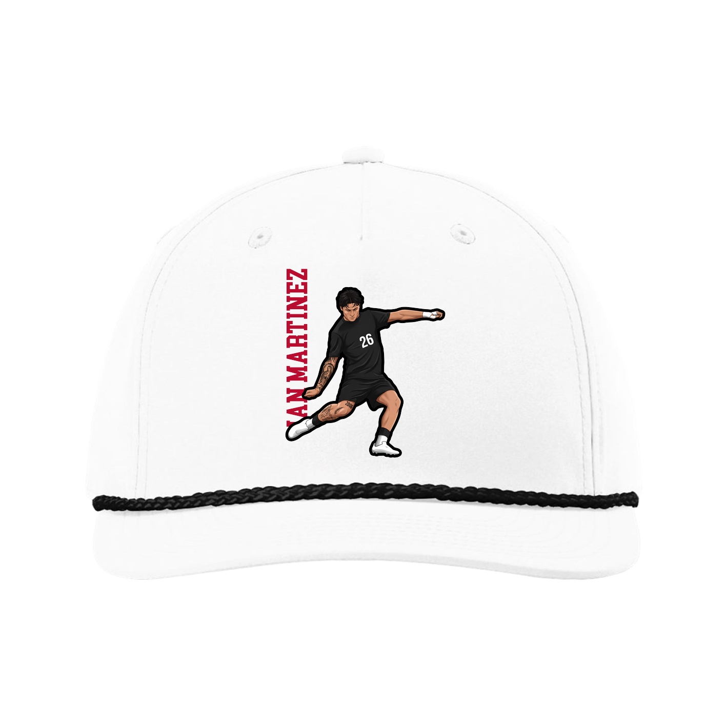 Five-Panel Classic Rope Cap — Name Vertical in White