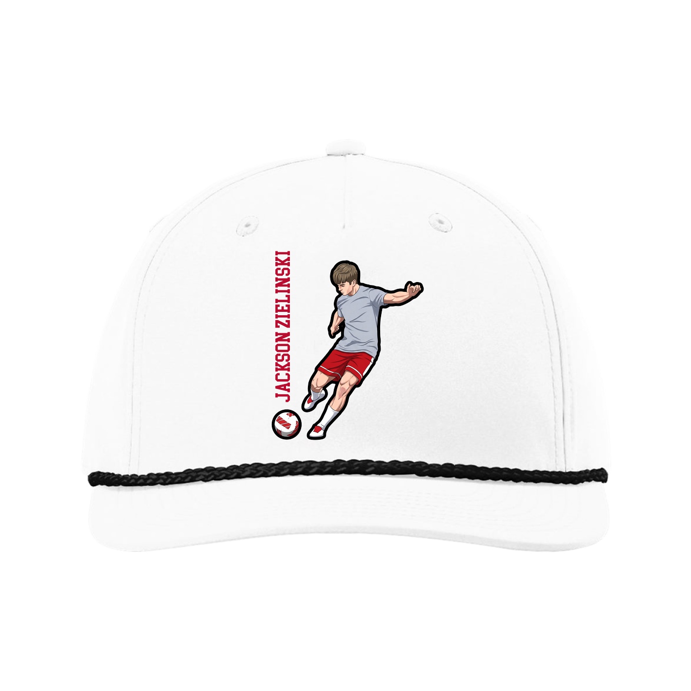 Five-Panel Classic Rope Cap — Name Vertical in White