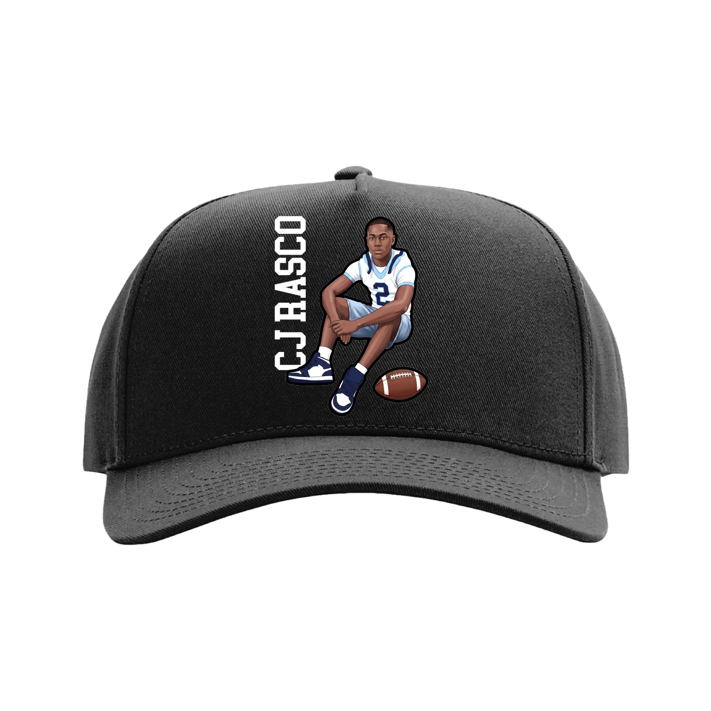 Full Fabric Five-Panel Champ Cap — Name Vertical in Black