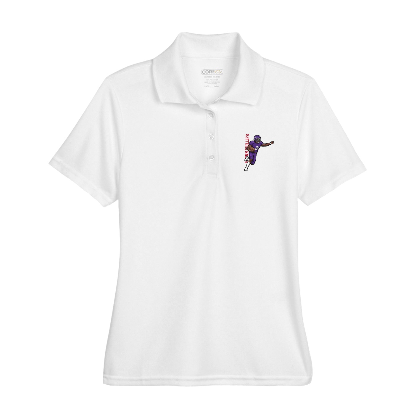 Womens Performance Polo — Name Vertical in White