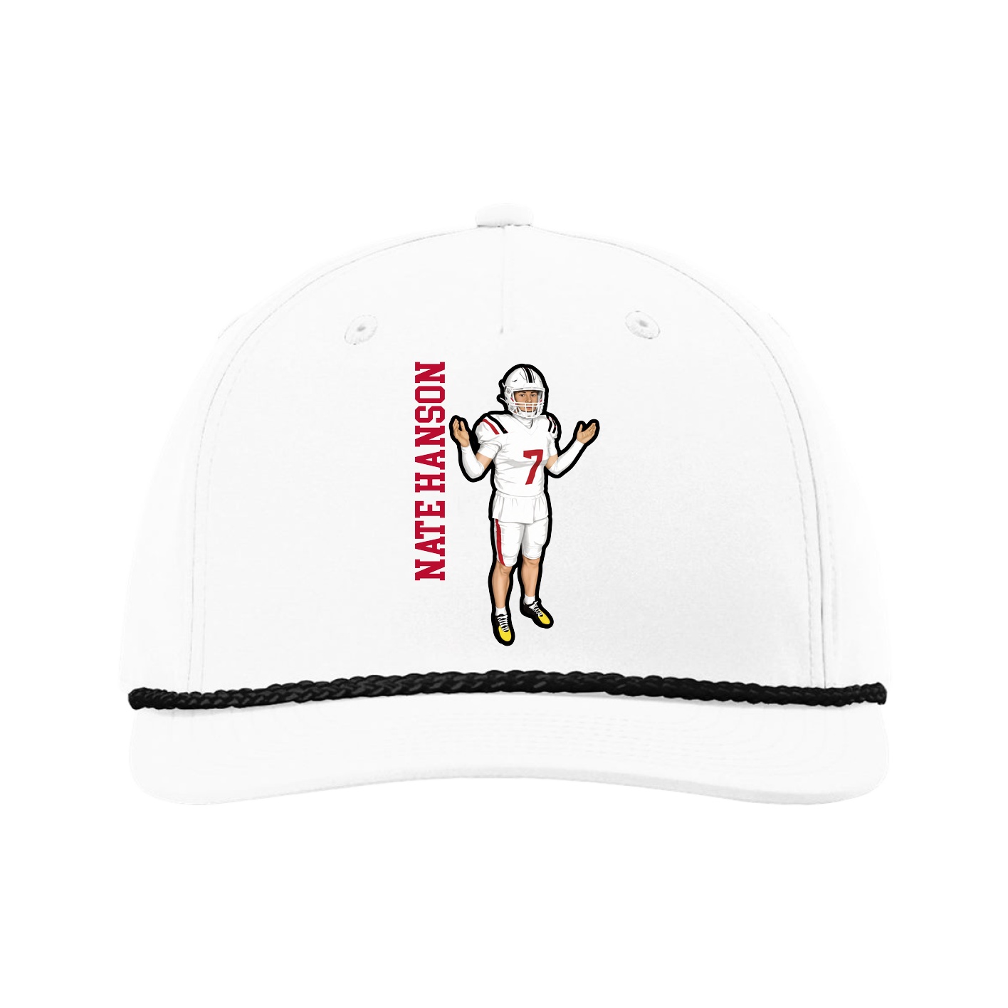 Five-Panel Classic Rope Cap — Name Vertical in White