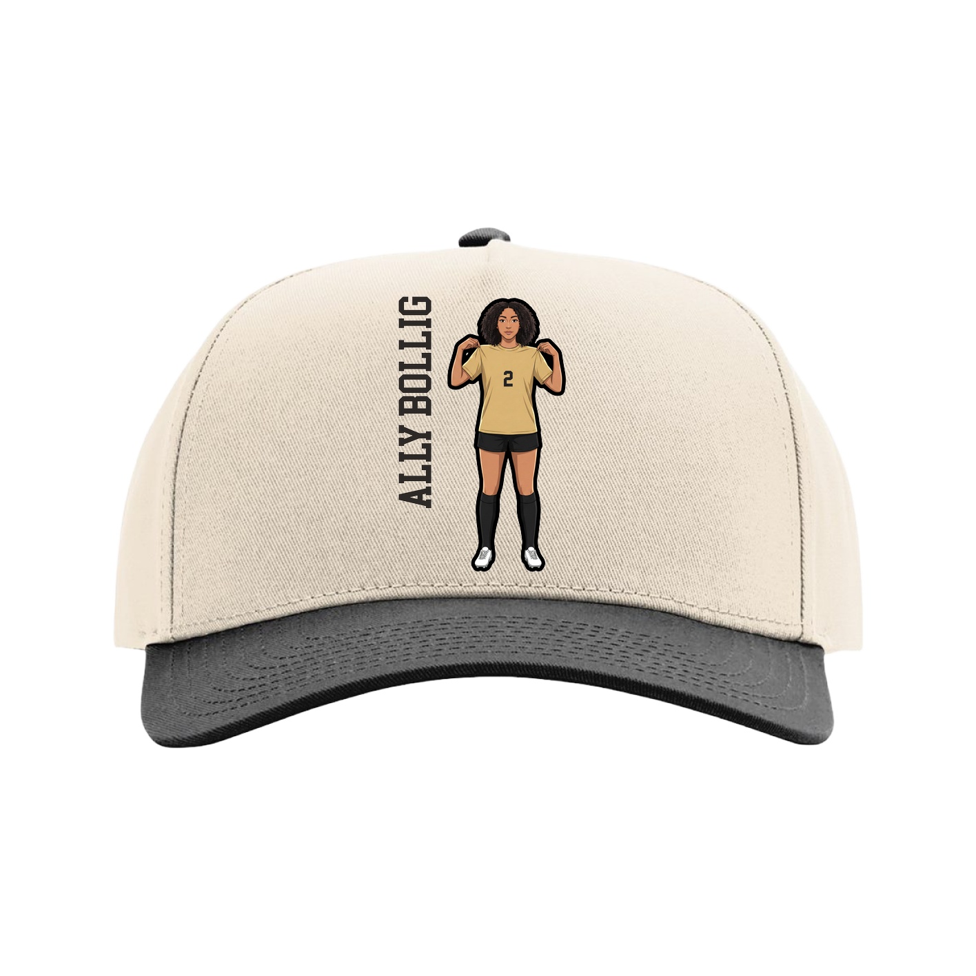 Full Fabric Five-Panel Champ Cap — Name Vertical in Cream/Black