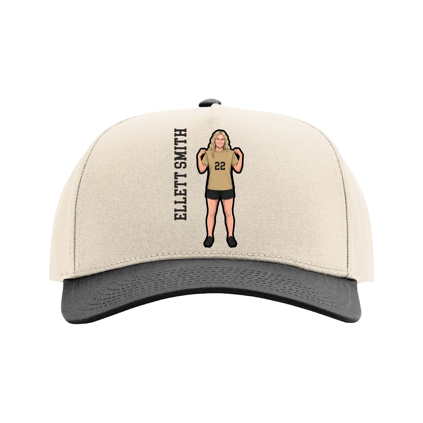 Full Fabric Five-Panel Champ Cap — Name Vertical in Cream/Black