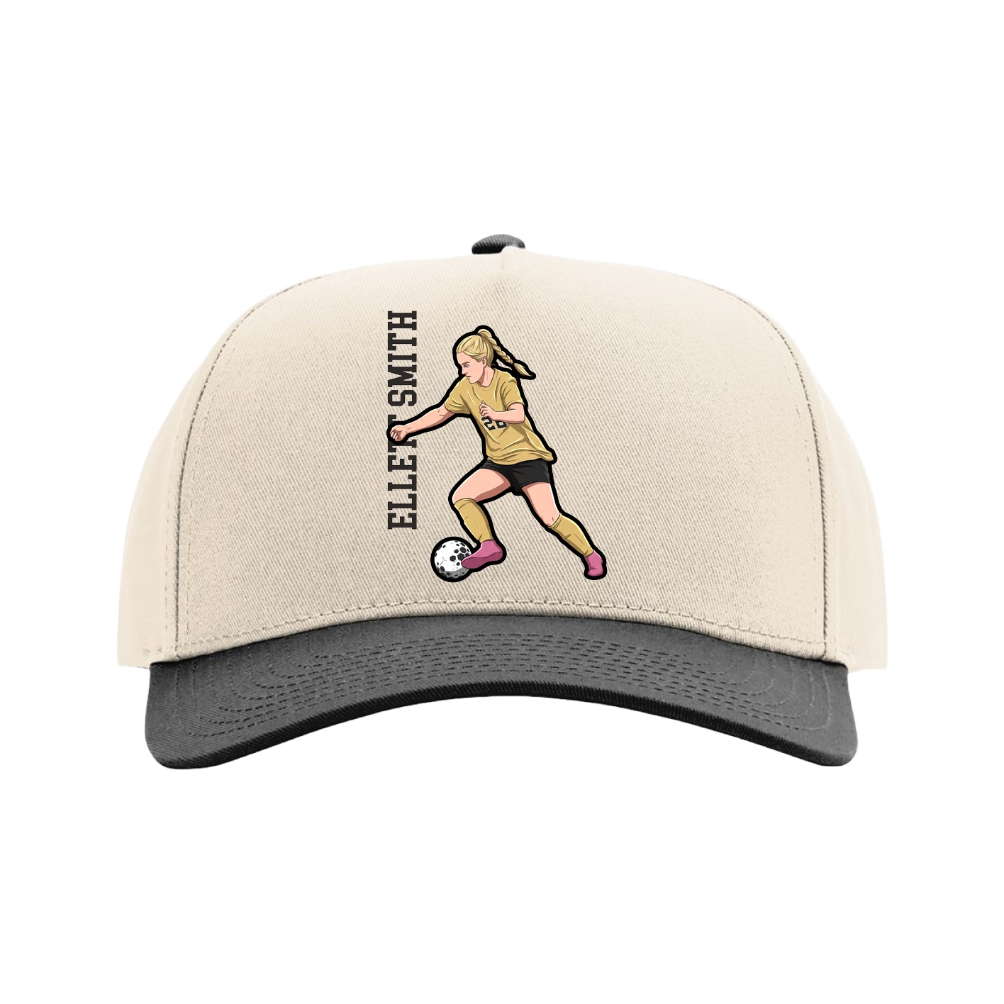 Full Fabric Five-Panel Champ Cap — Name Vertical in Cream/Black