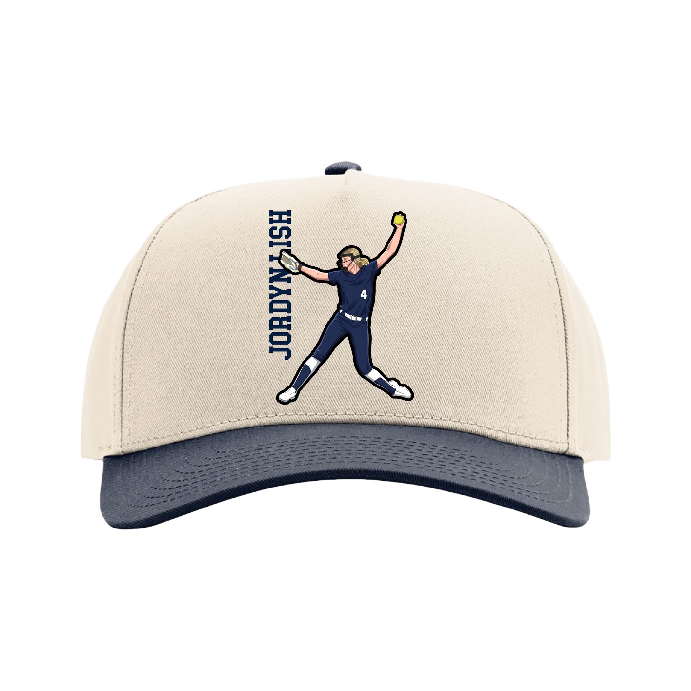 Full Fabric Five-Panel Champ Cap — Name Vertical in Cream/Navy