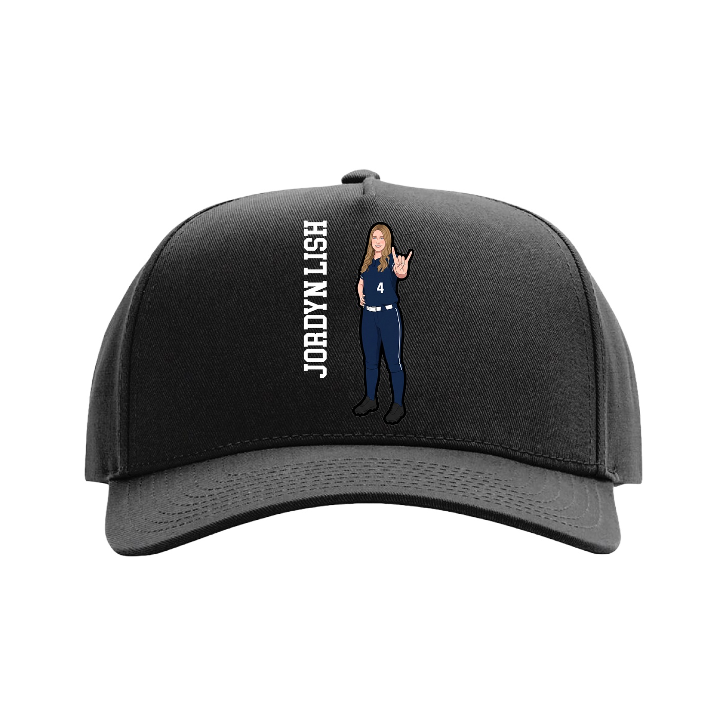 Full Fabric Five-Panel Champ Cap — Name Vertical in Black