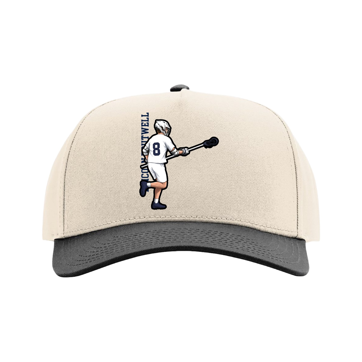 Full Fabric Five-Panel Champ Cap — Name Vertical in Cream/Black