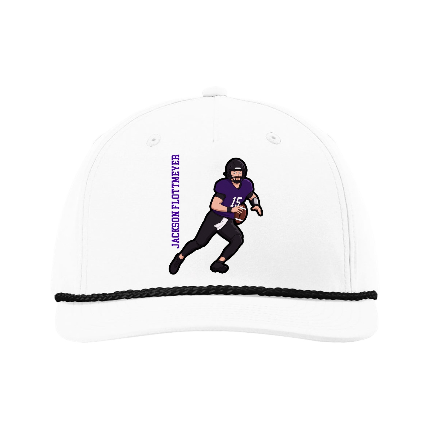 Five-Panel Classic Rope Cap — Name Vertical in White
