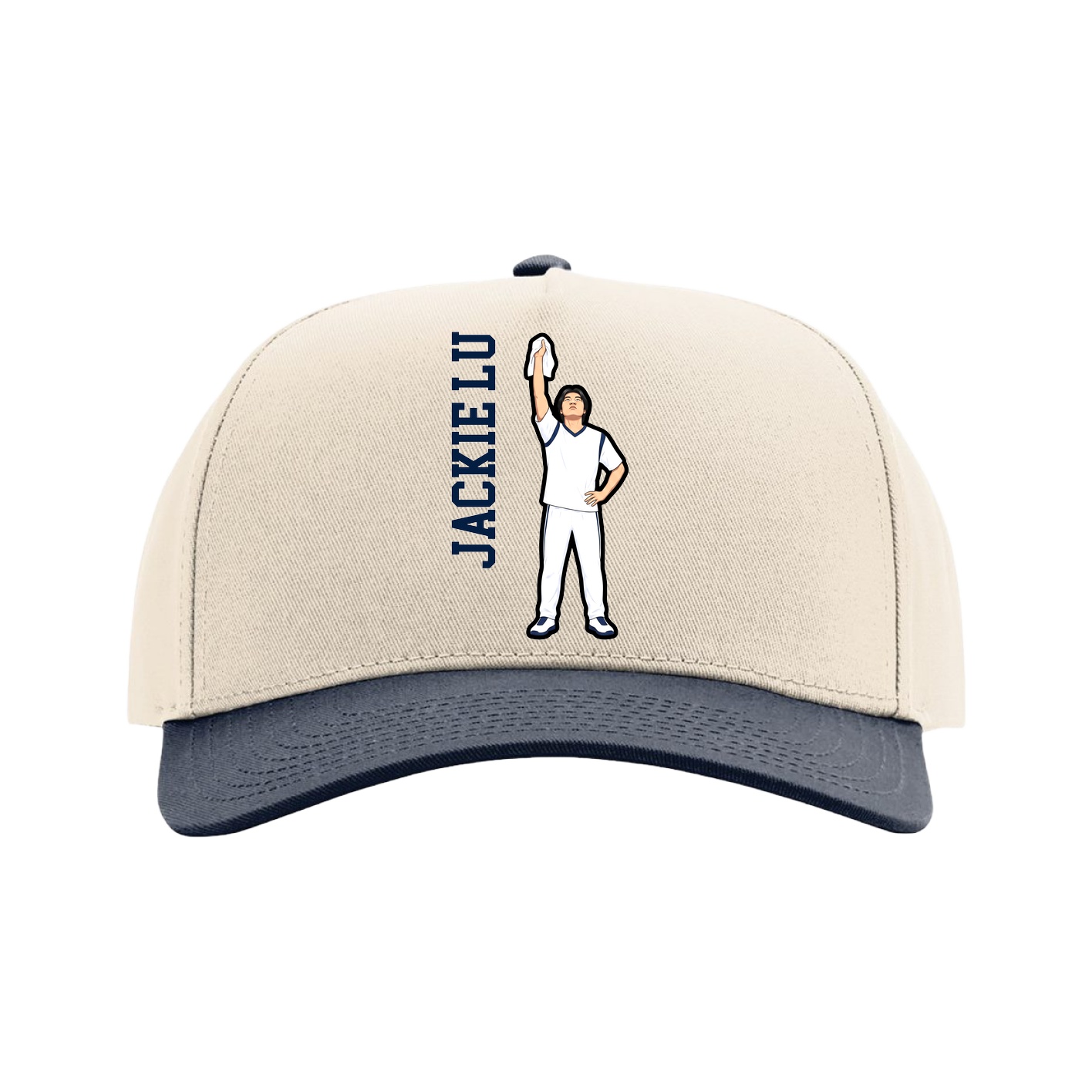 Full Fabric Five-Panel Champ Cap — Name Vertical in Cream/Navy