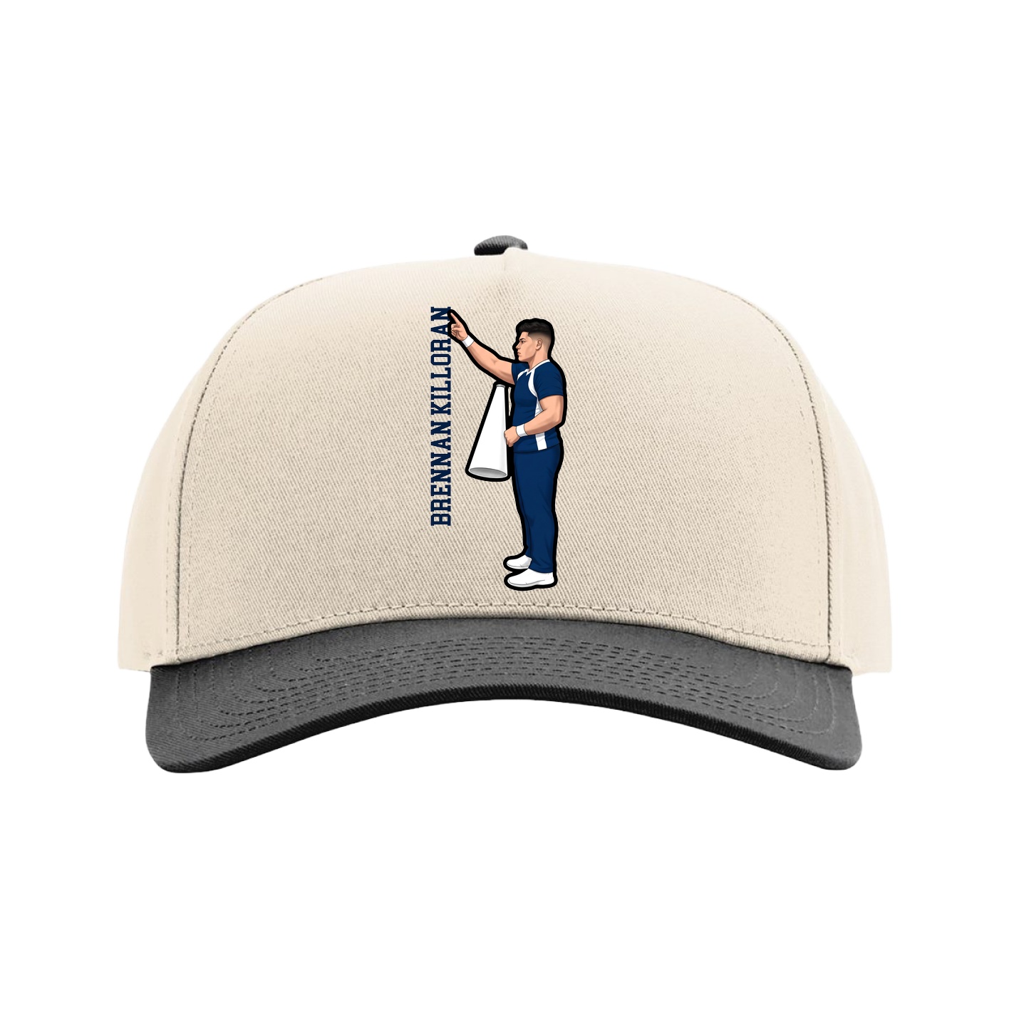 Full Fabric Five-Panel Champ Cap — Name Vertical in Cream/Black