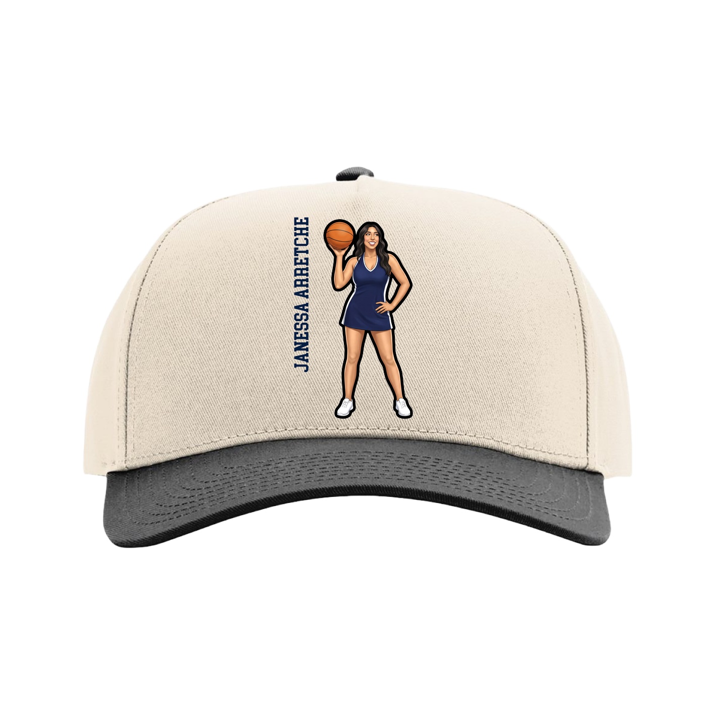 Full Fabric Five-Panel Champ Cap — Name Vertical in Cream/Black