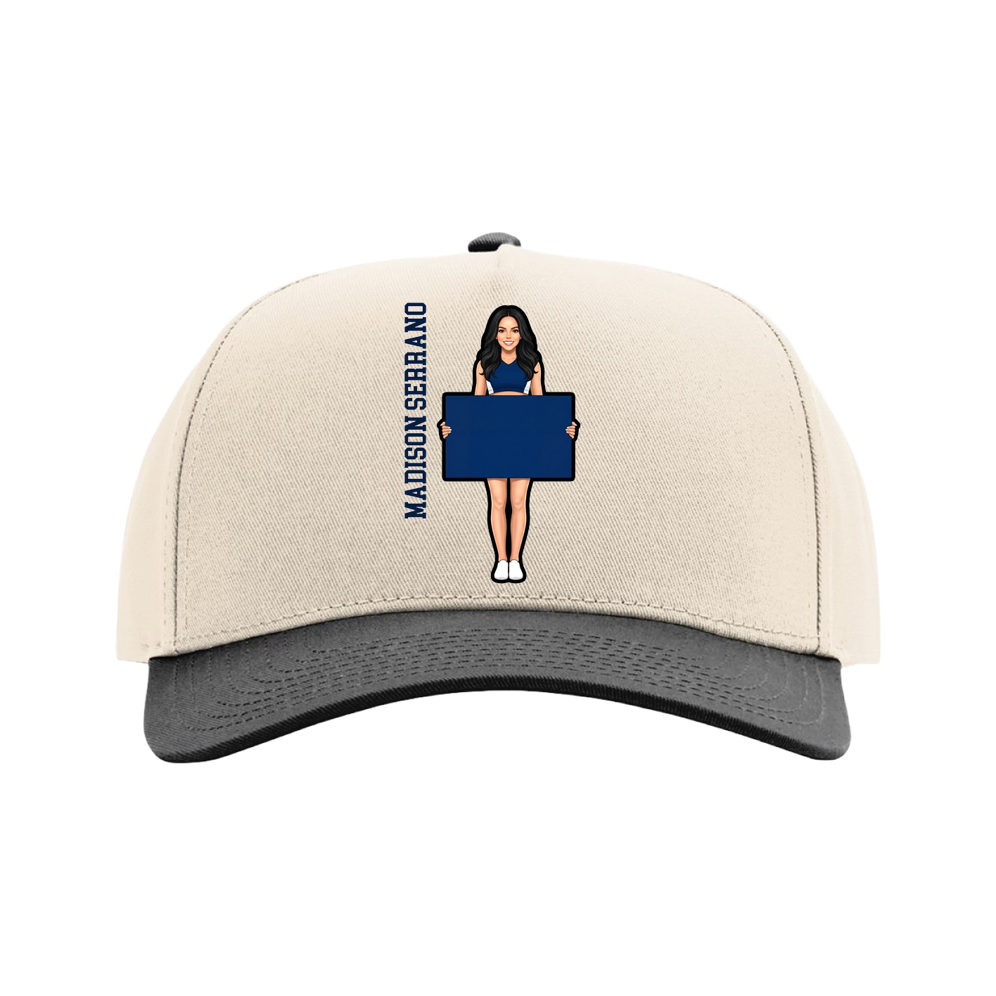 Full Fabric Five-Panel Champ Cap — Name Vertical in Cream/Black