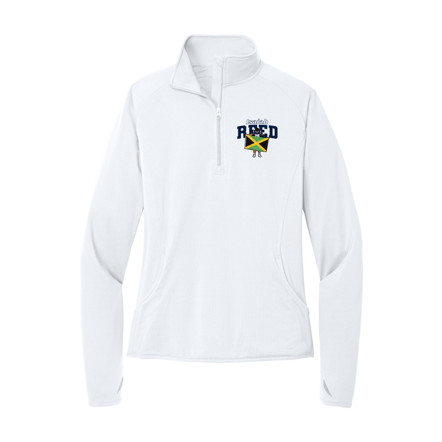 Women's Q-Zip Pullover — Name Arch in White