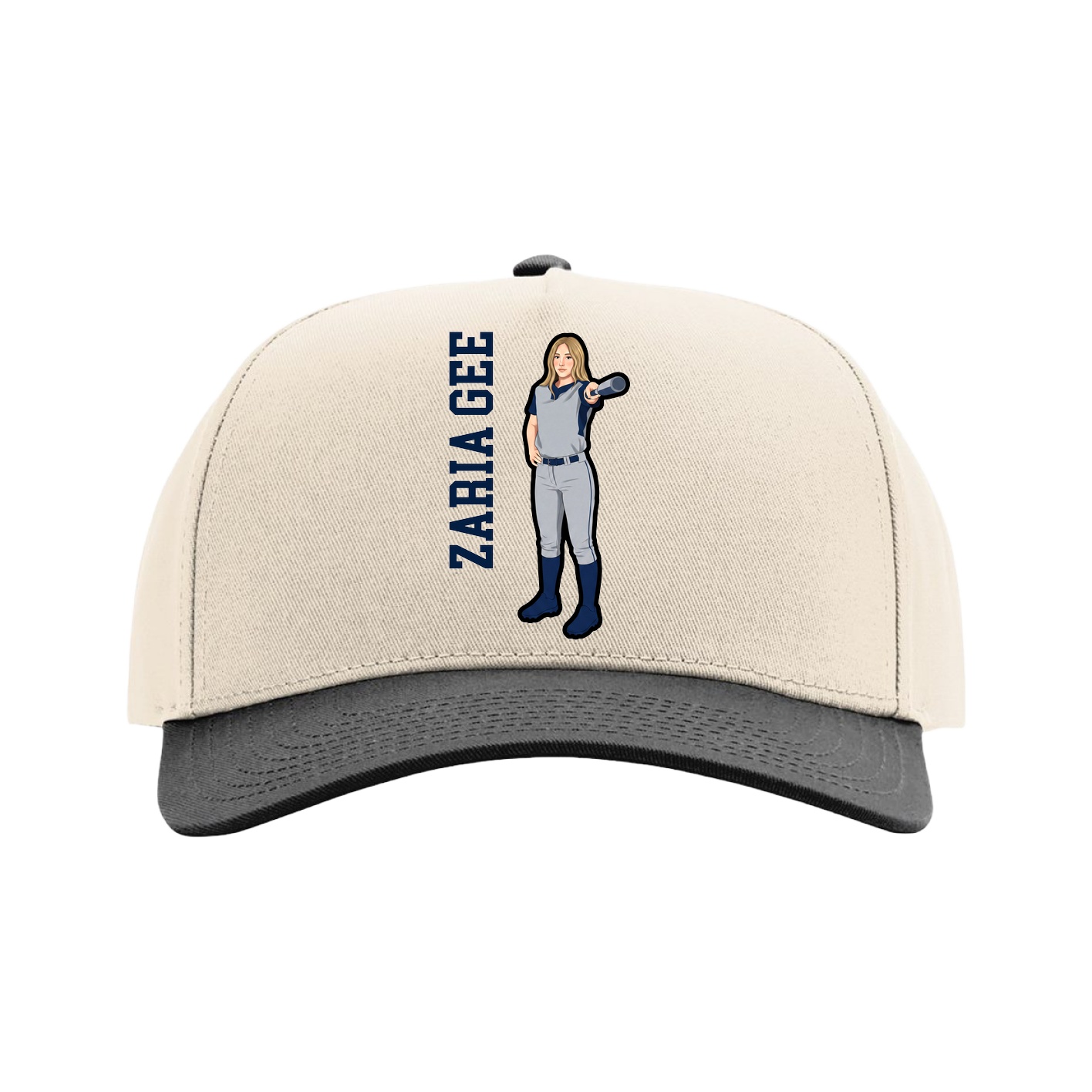 Full Fabric Five-Panel Champ Cap — Name Vertical in Cream/Black