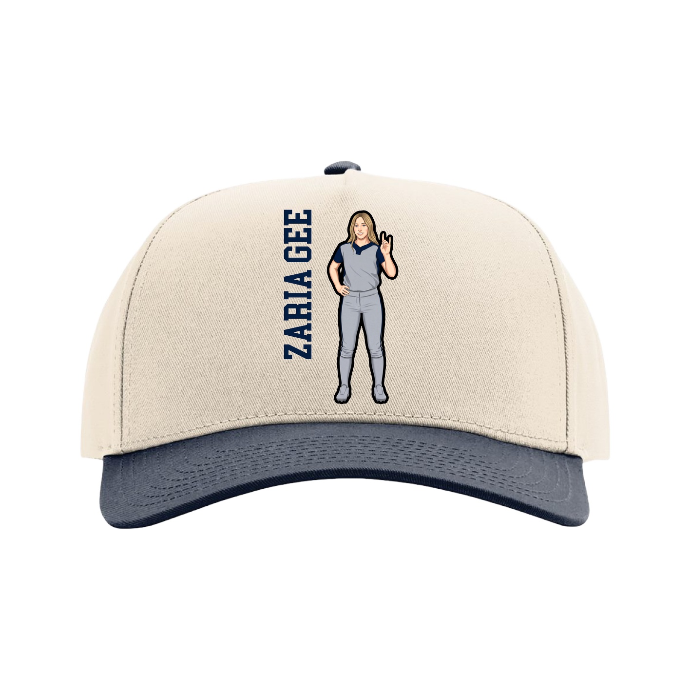 Full Fabric Five-Panel Champ Cap — Name Vertical in Cream/Navy