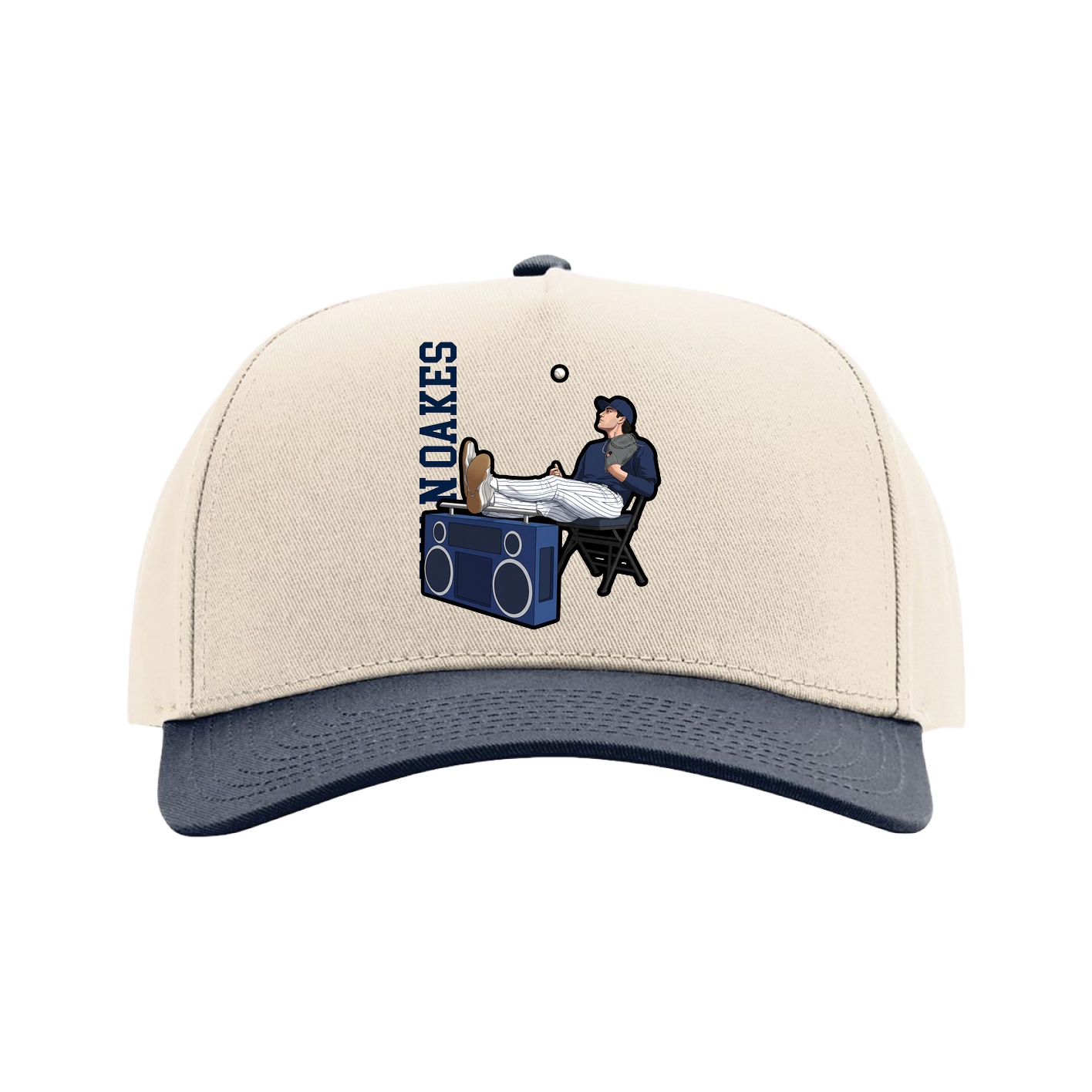 Full Fabric Five-Panel Champ Cap — Name Vertical in Cream/Navy