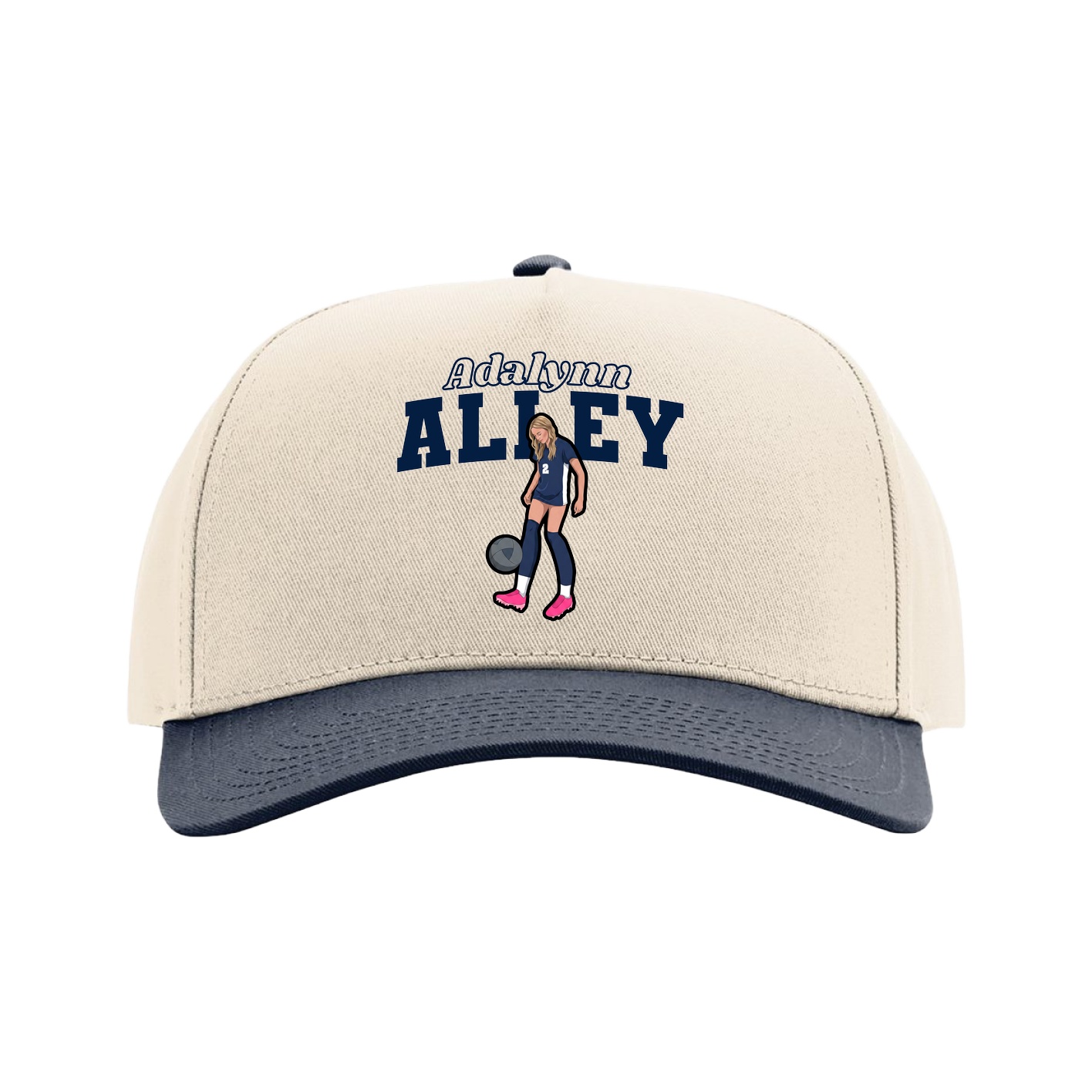 Full Fabric Five-Panel Champ Cap — Name Arch in Cream/Navy