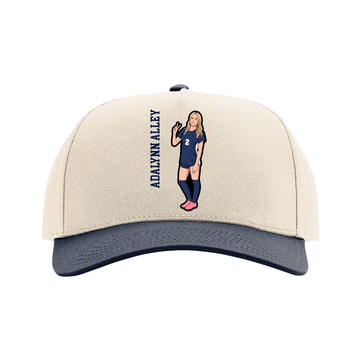 Full Fabric Five-Panel Champ Cap — Name Vertical in Cream/Navy