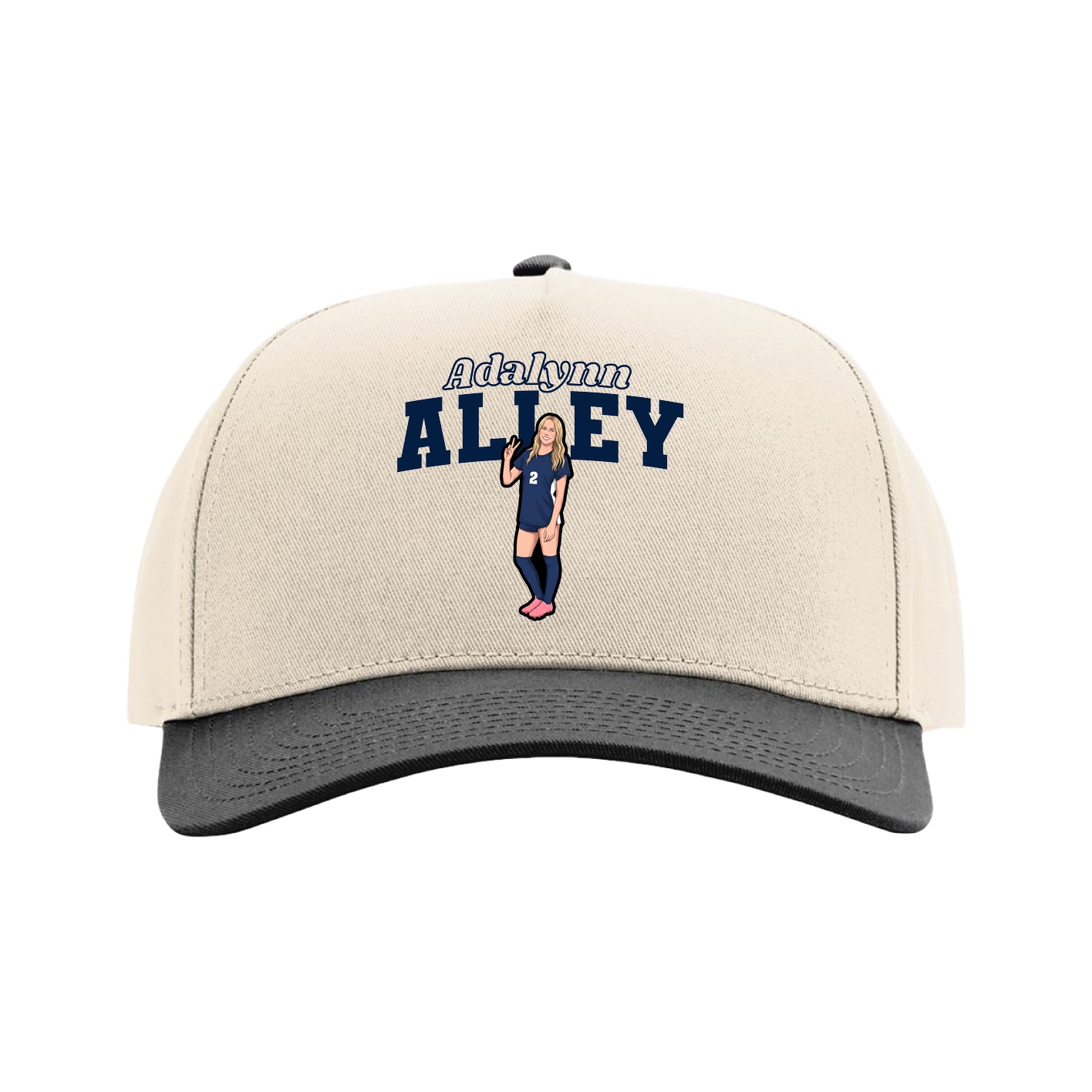 Full Fabric Five-Panel Champ Cap — Name Arch in Cream/Black