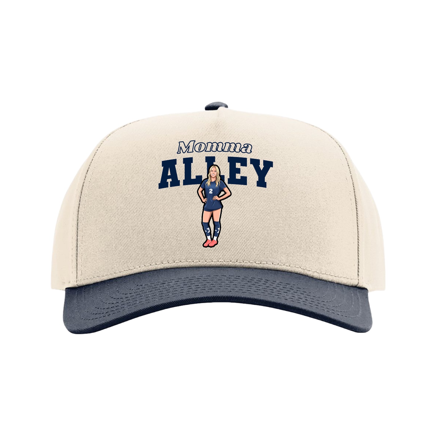 Full Fabric Five-Panel Champ Cap — Mothers Day Block in Cream/Navy