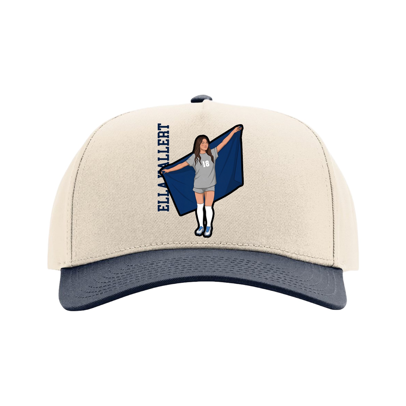 Full Fabric Five-Panel Champ Cap — Name Vertical in Cream/Navy