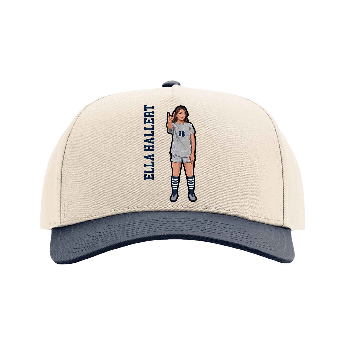 Full Fabric Five-Panel Champ Cap — Name Vertical in Cream/Navy