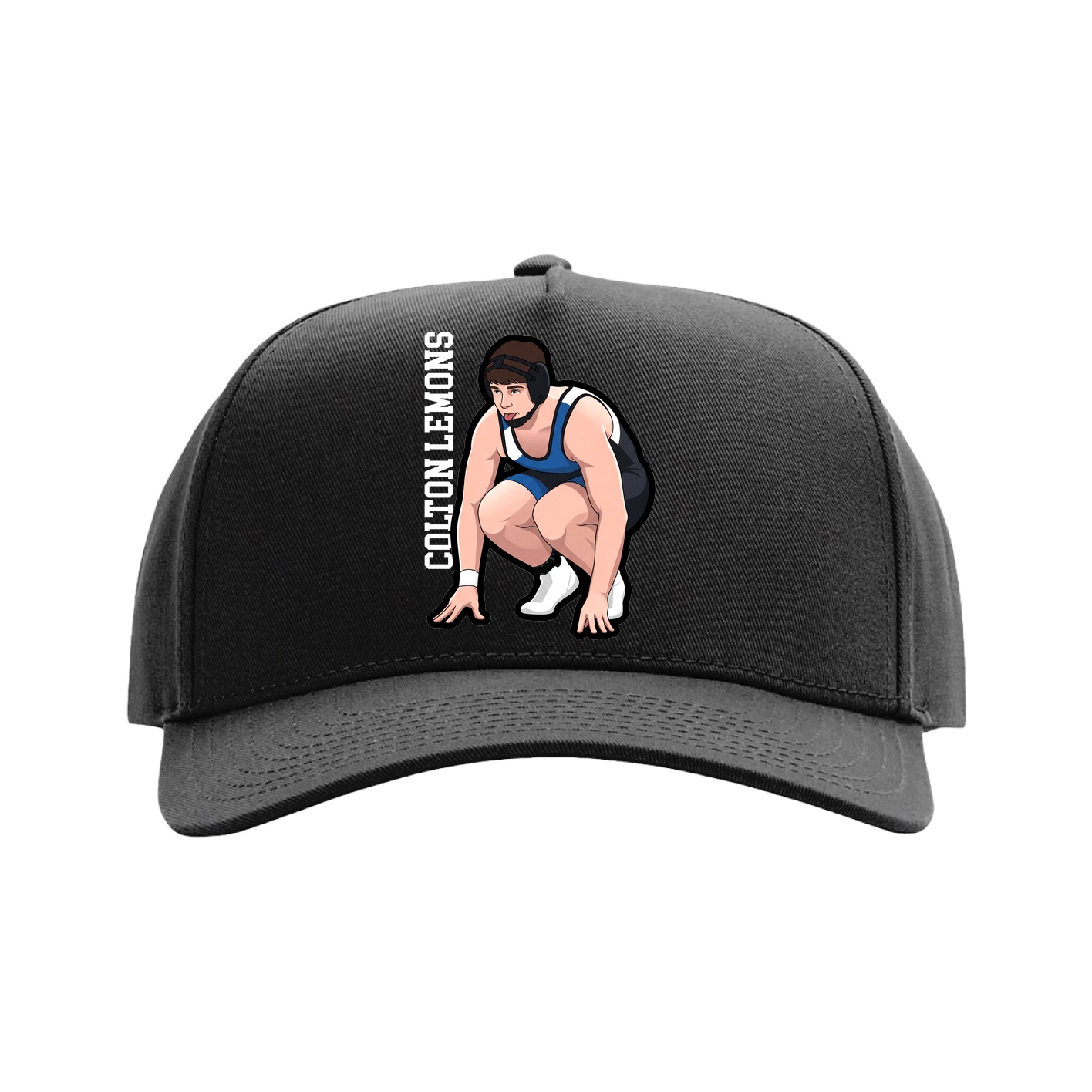 Full Fabric Five-Panel Champ Cap — Name Vertical in Black