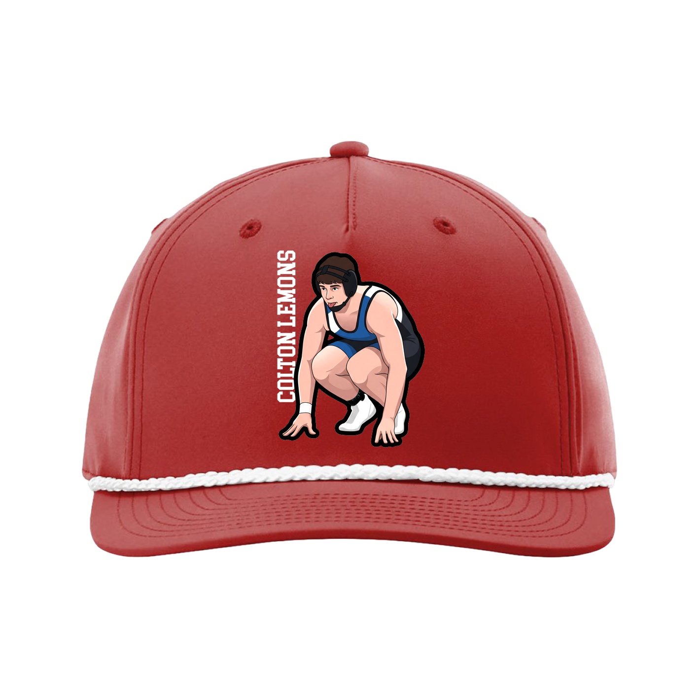 Five-Panel Classic Rope Cap — Name Vertical in Red