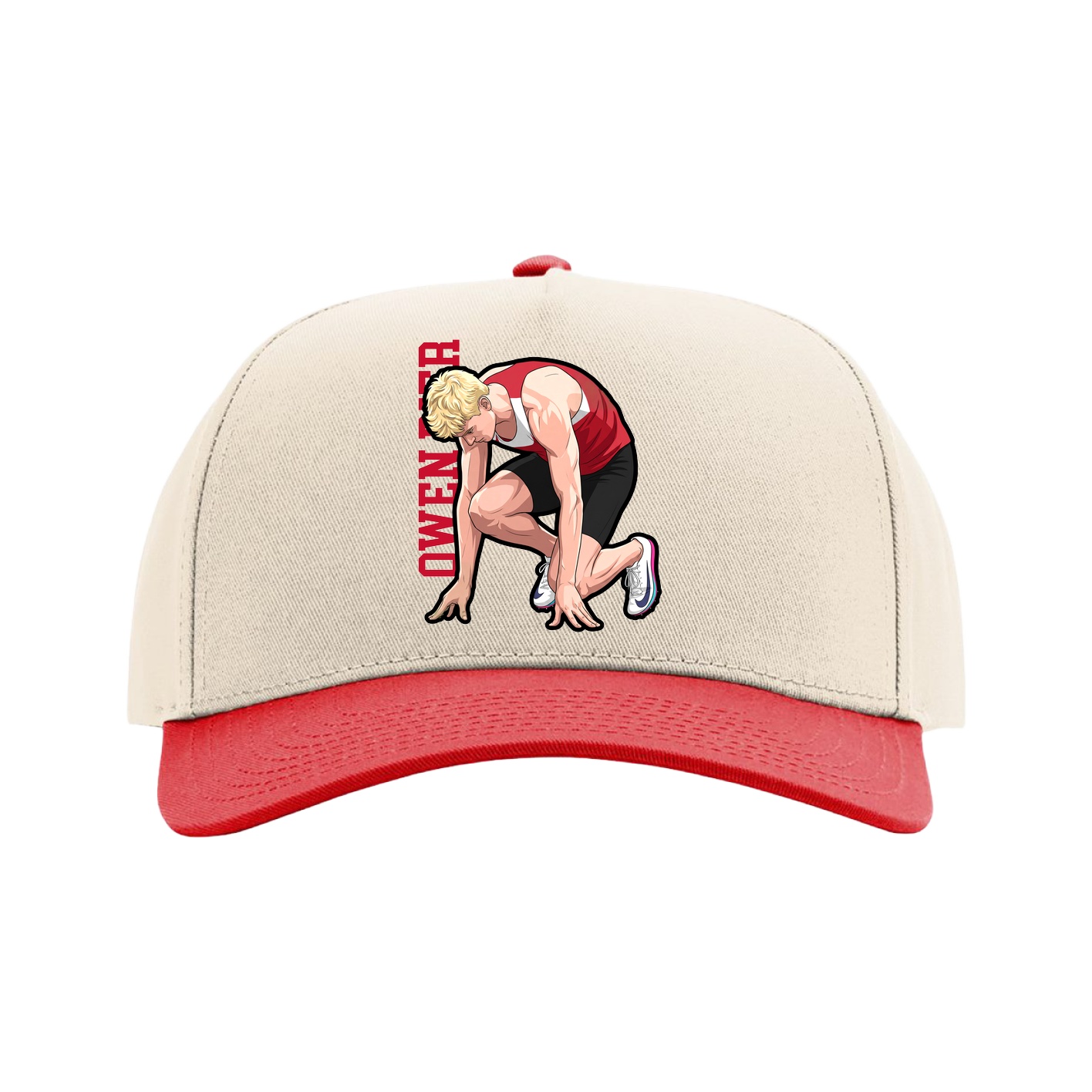 Full Fabric Five-Panel Champ Cap — Name Vertical in Cream/Red