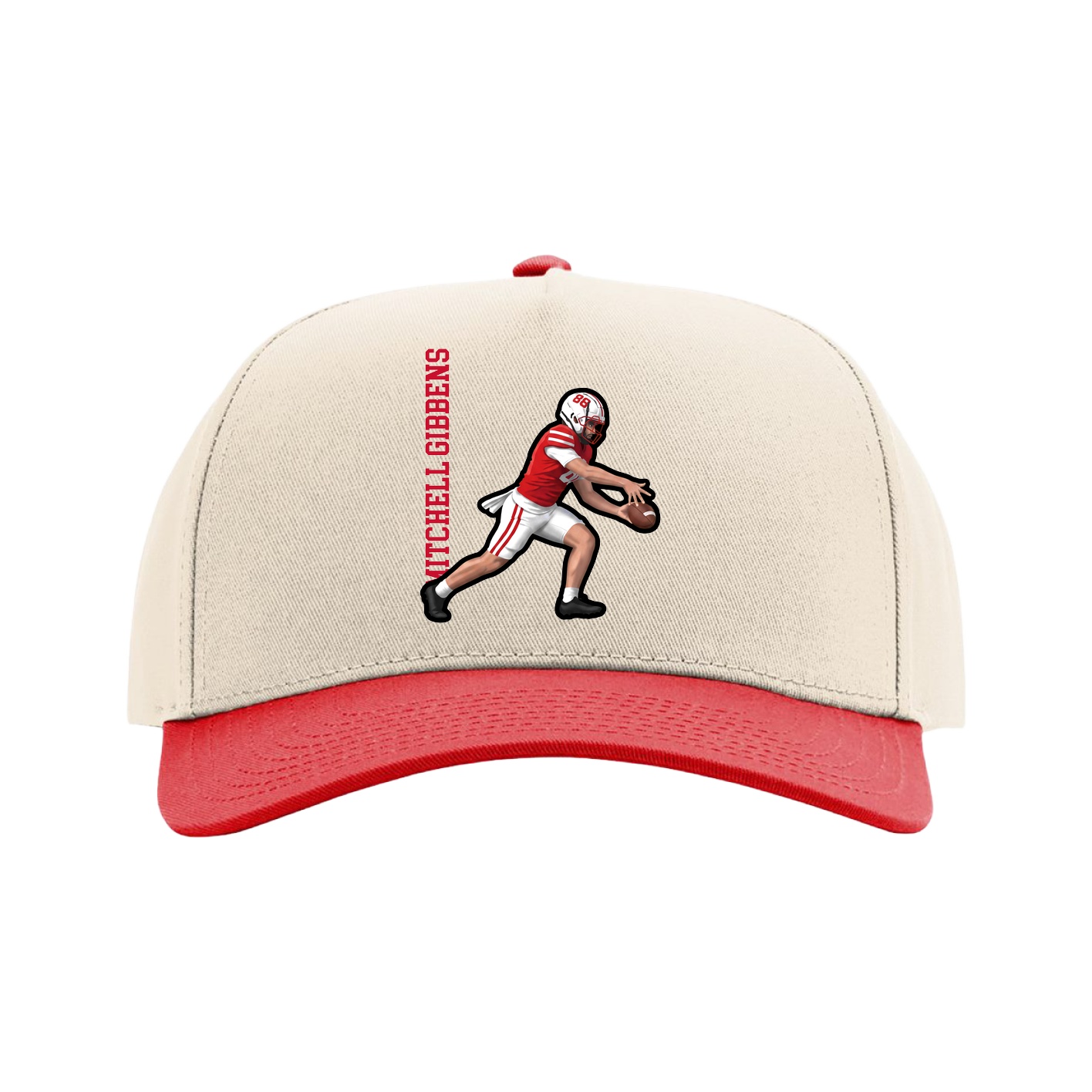 Full Fabric Five-Panel Champ Cap — Name Vertical in Cream/Red