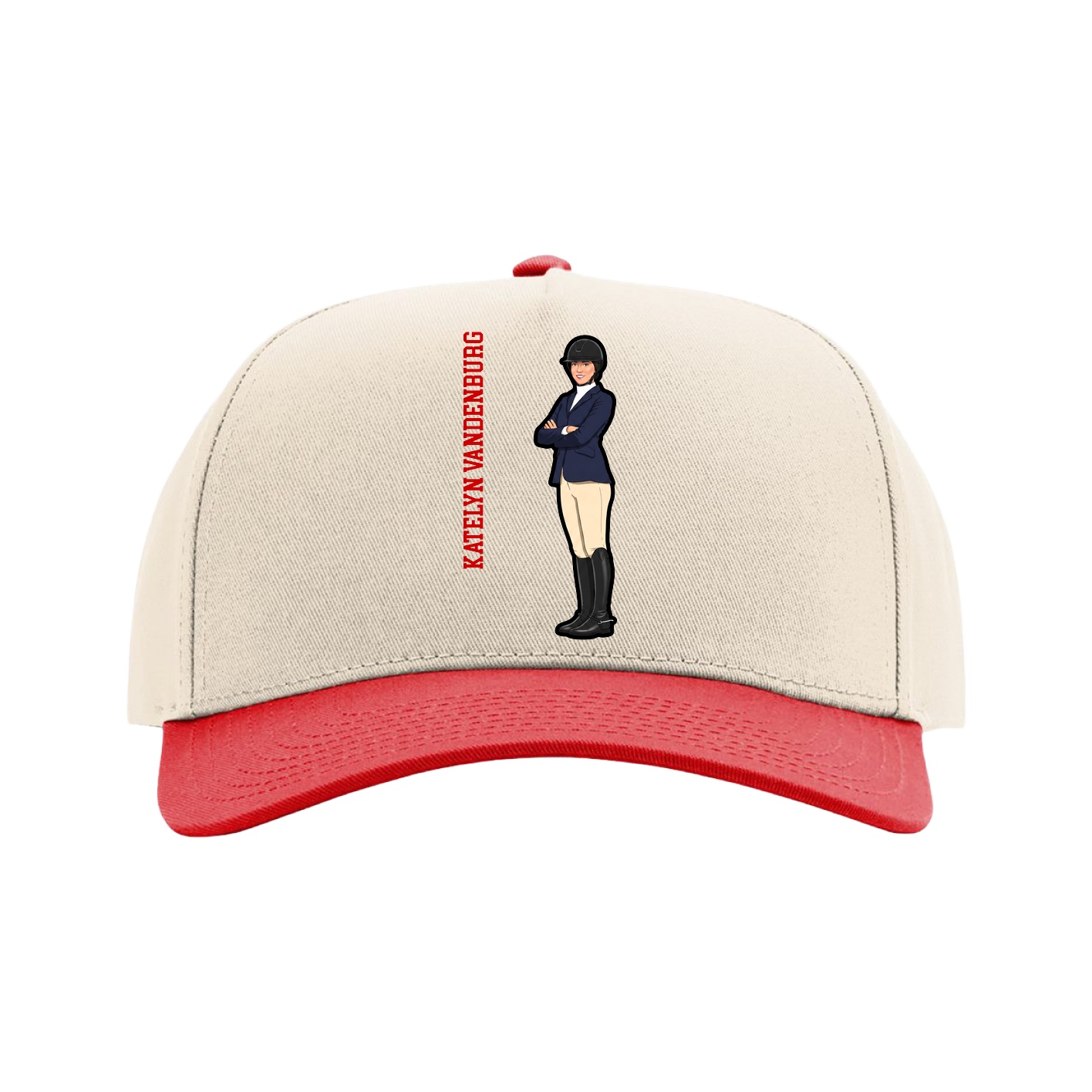 Full Fabric Five-Panel Champ Cap — Name Vertical in Cream/Red