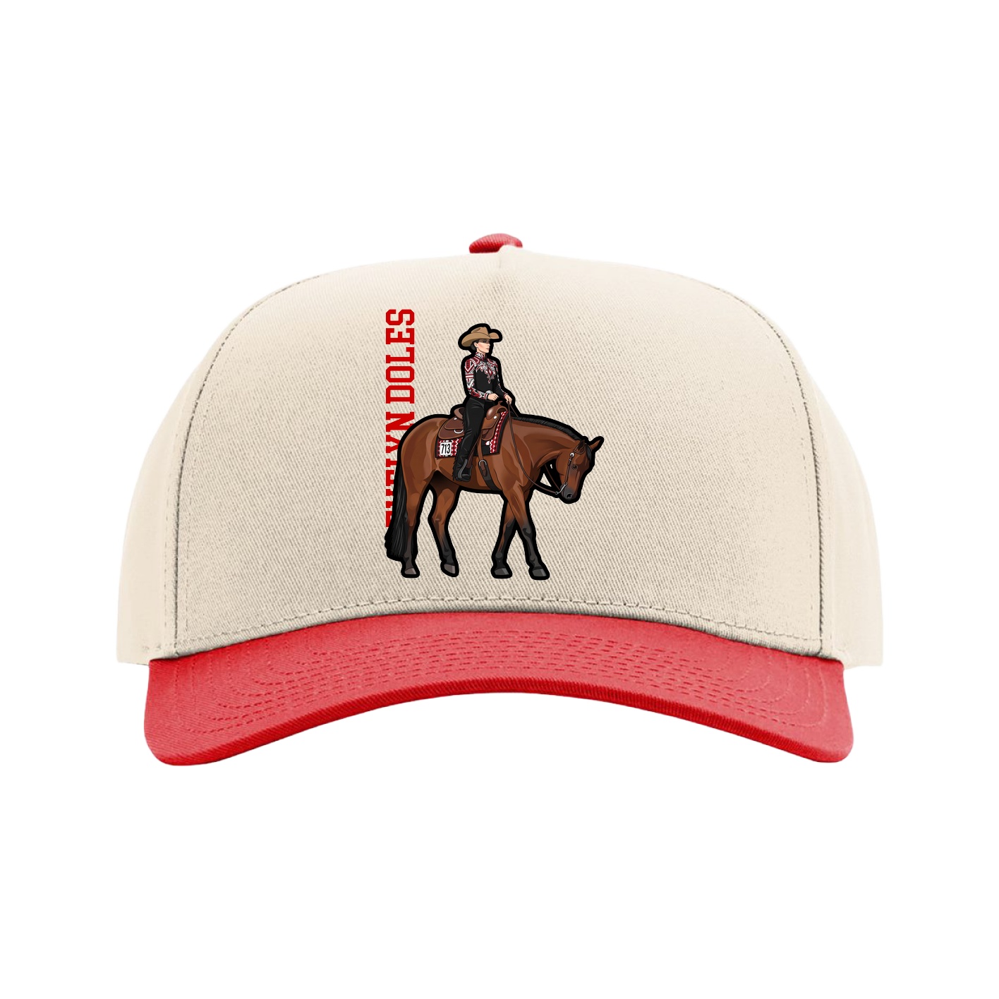 Full Fabric Five-Panel Champ Cap — Name Vertical in Cream/Red