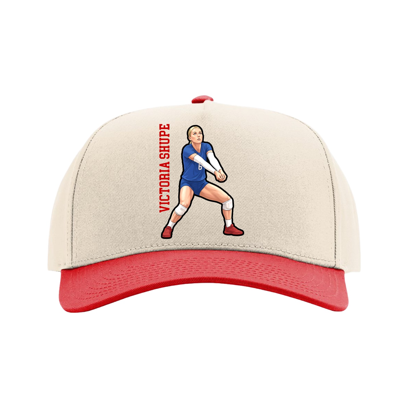 Full Fabric Five-Panel Champ Cap — Name Vertical in Cream/Red