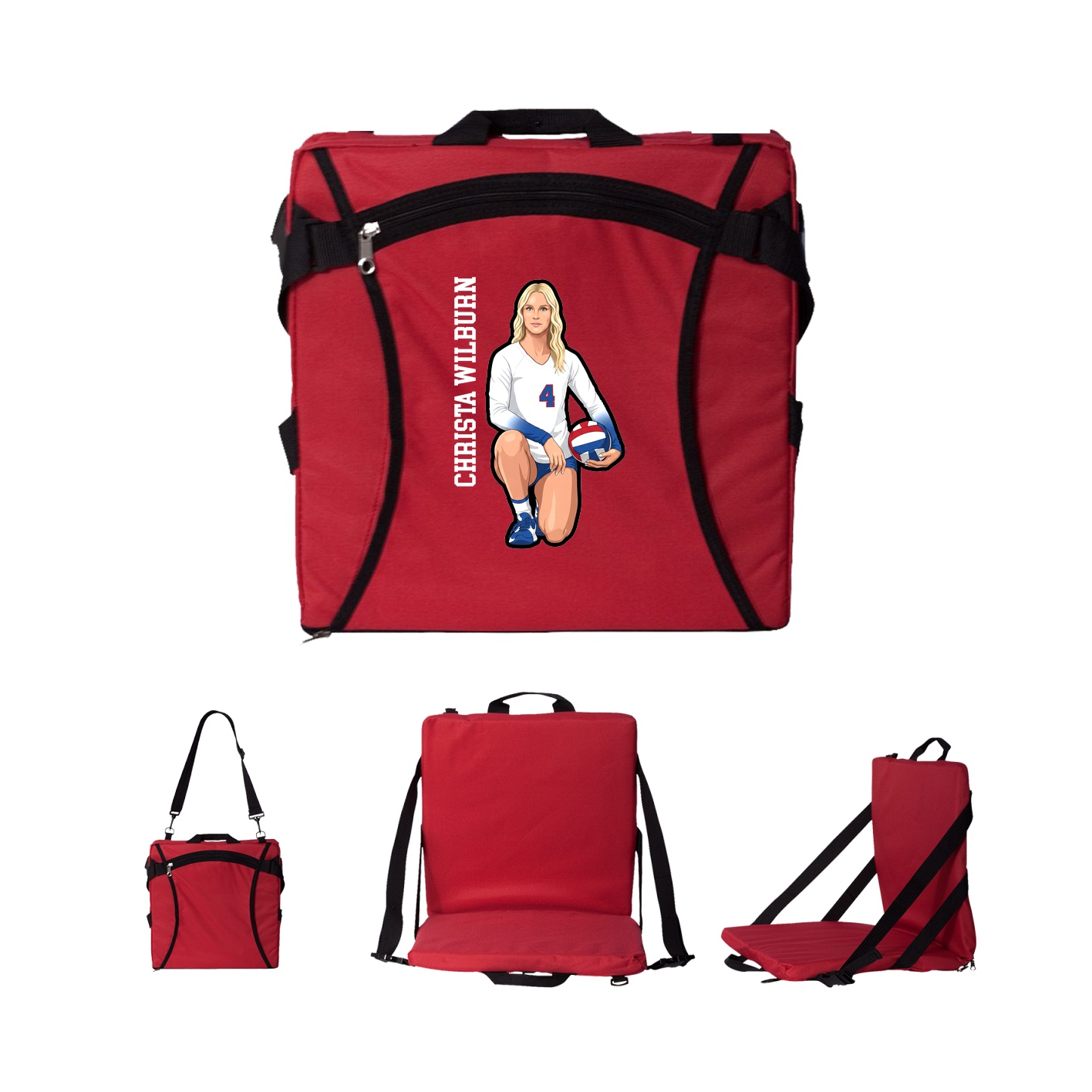 Folding Stadium Seat — Name Vertical in Red