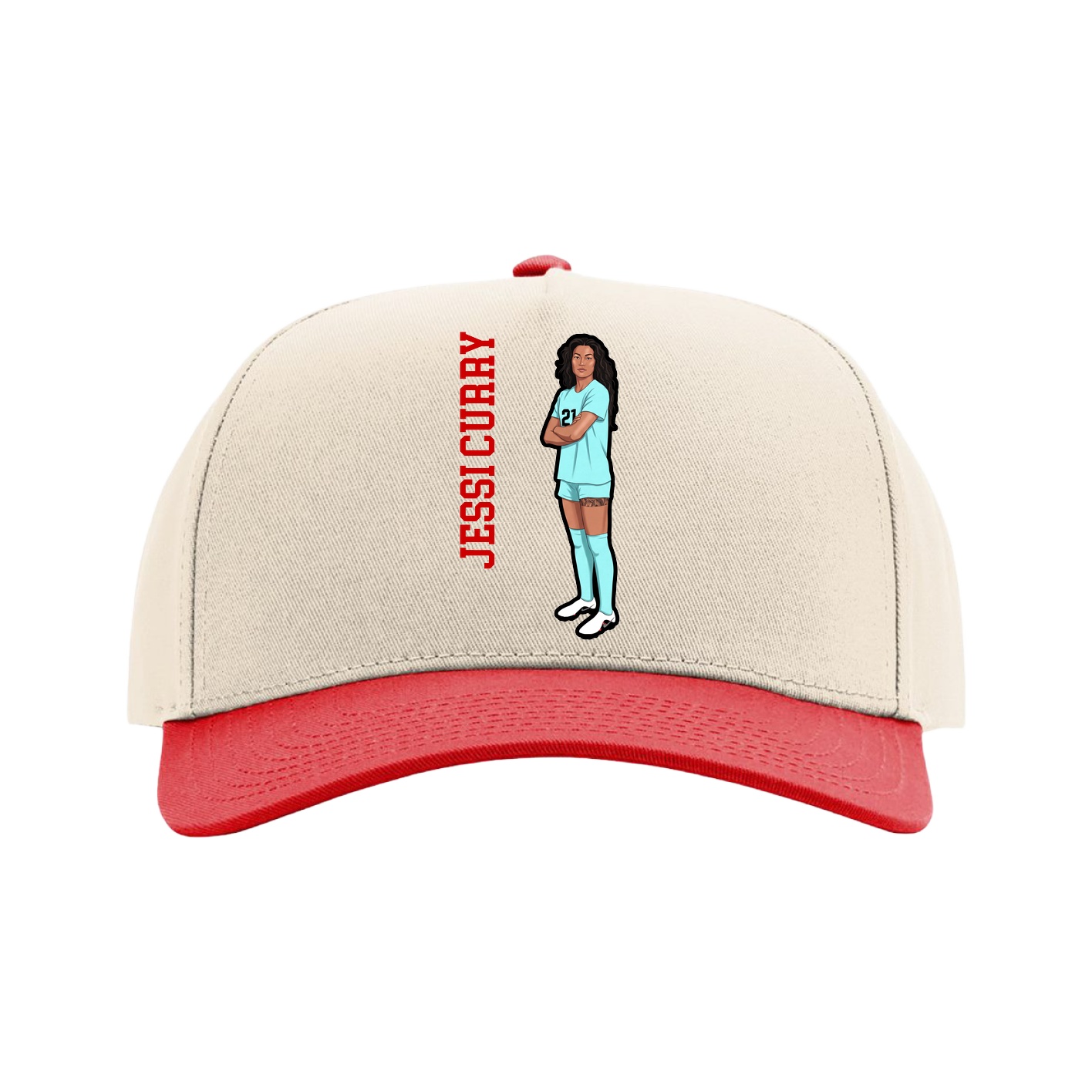 Full Fabric Five-Panel Champ Cap — Name Vertical in Cream/Red