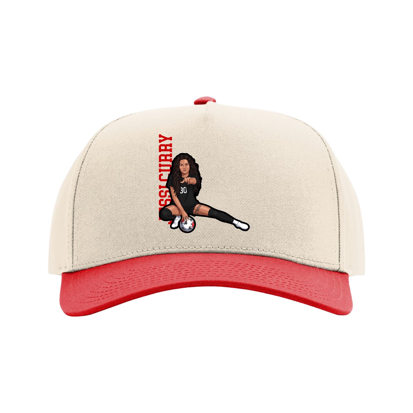 Full Fabric Five-Panel Champ Cap — Name Vertical in Cream/Red