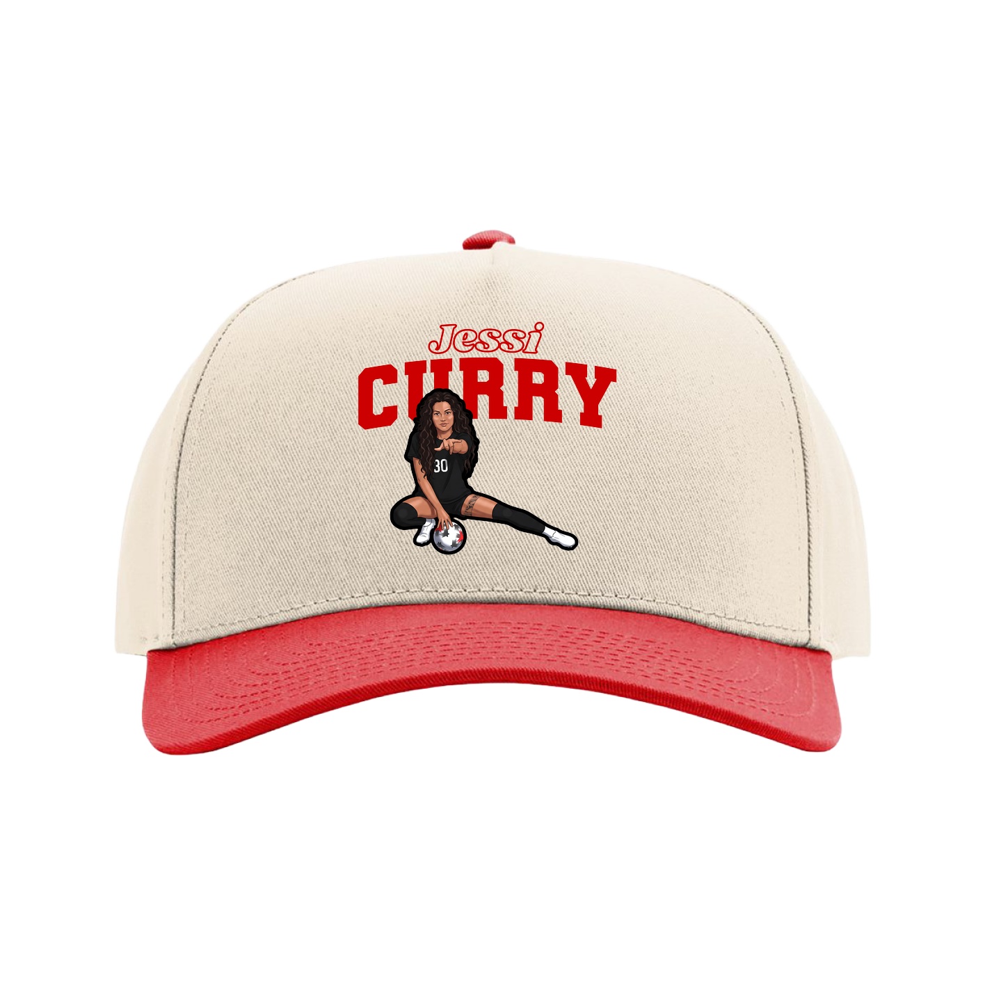 Full Fabric Five-Panel Champ Cap — Name Arch in Cream/Red