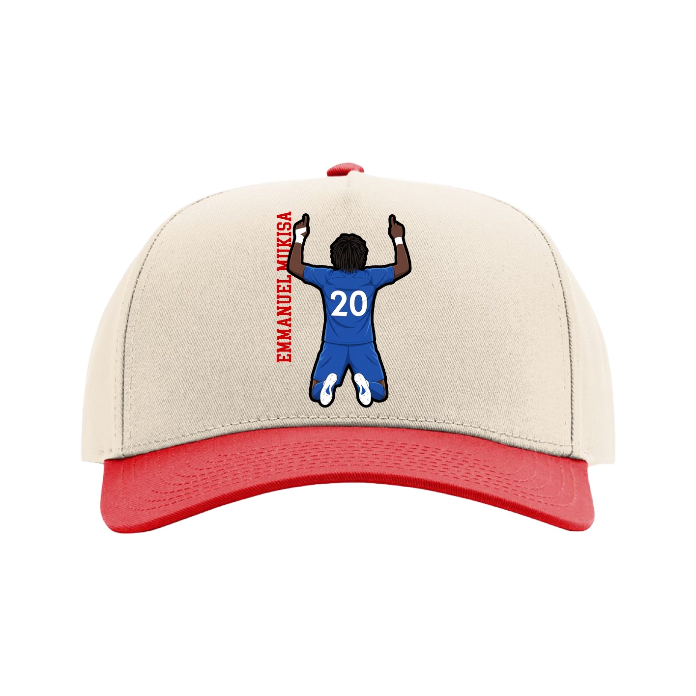 Full Fabric Five-Panel Champ Cap — Name Vertical in Cream/Red