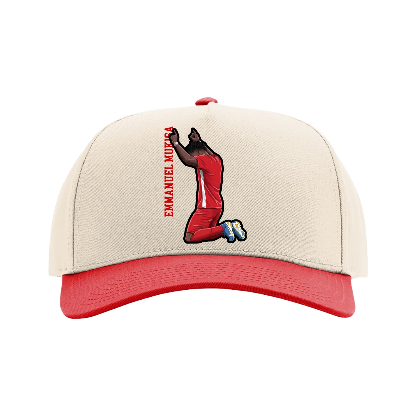 Full Fabric Five-Panel Champ Cap — Name Vertical in Cream/Red