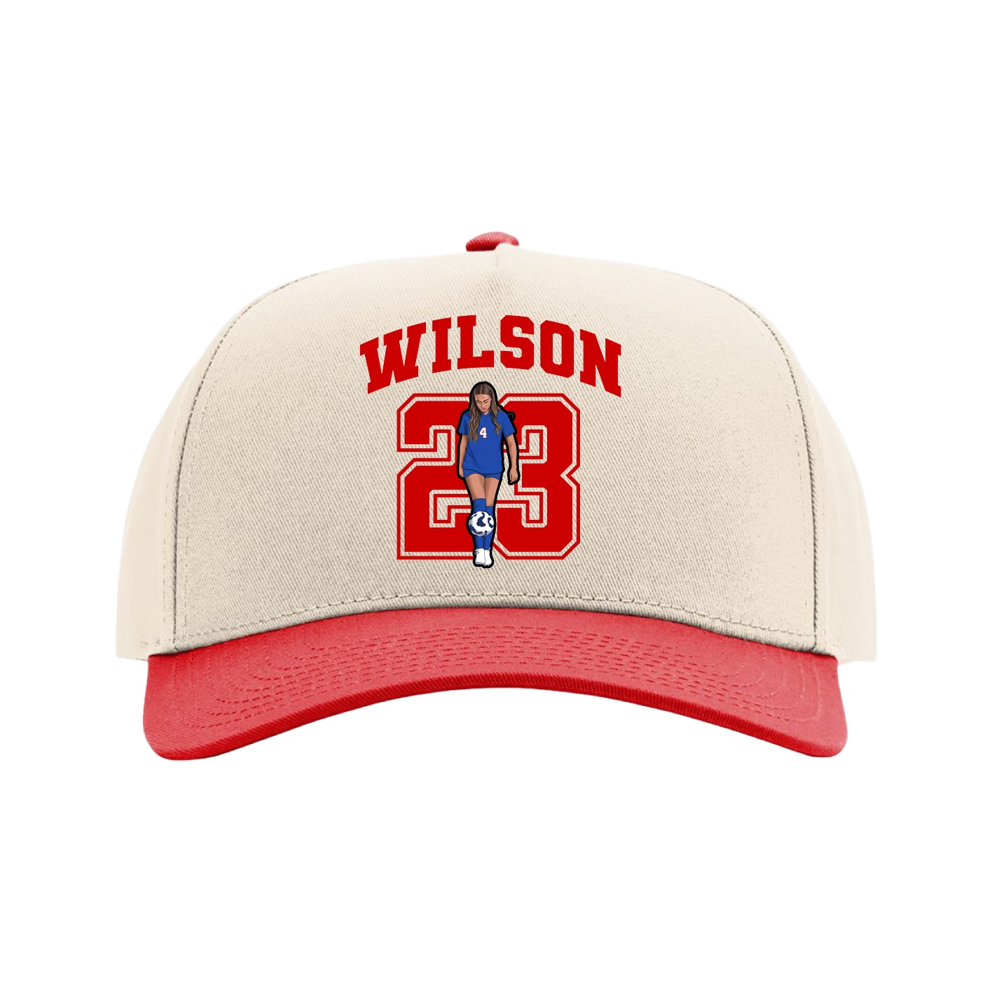 Full Fabric Five-Panel Champ Cap — Number in Cream/Red