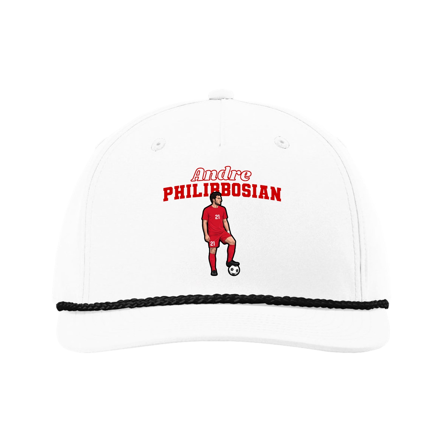 Five-Panel Classic Rope Cap — Name Arch in White