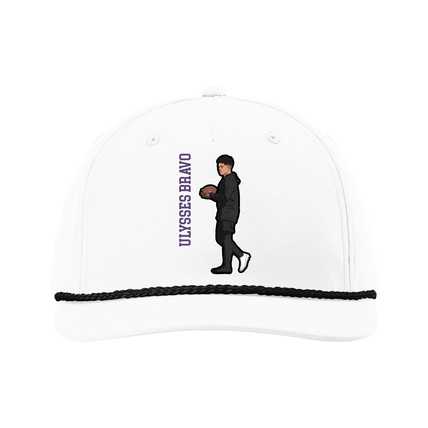 Five-Panel Classic Rope Cap — Name Vertical in White