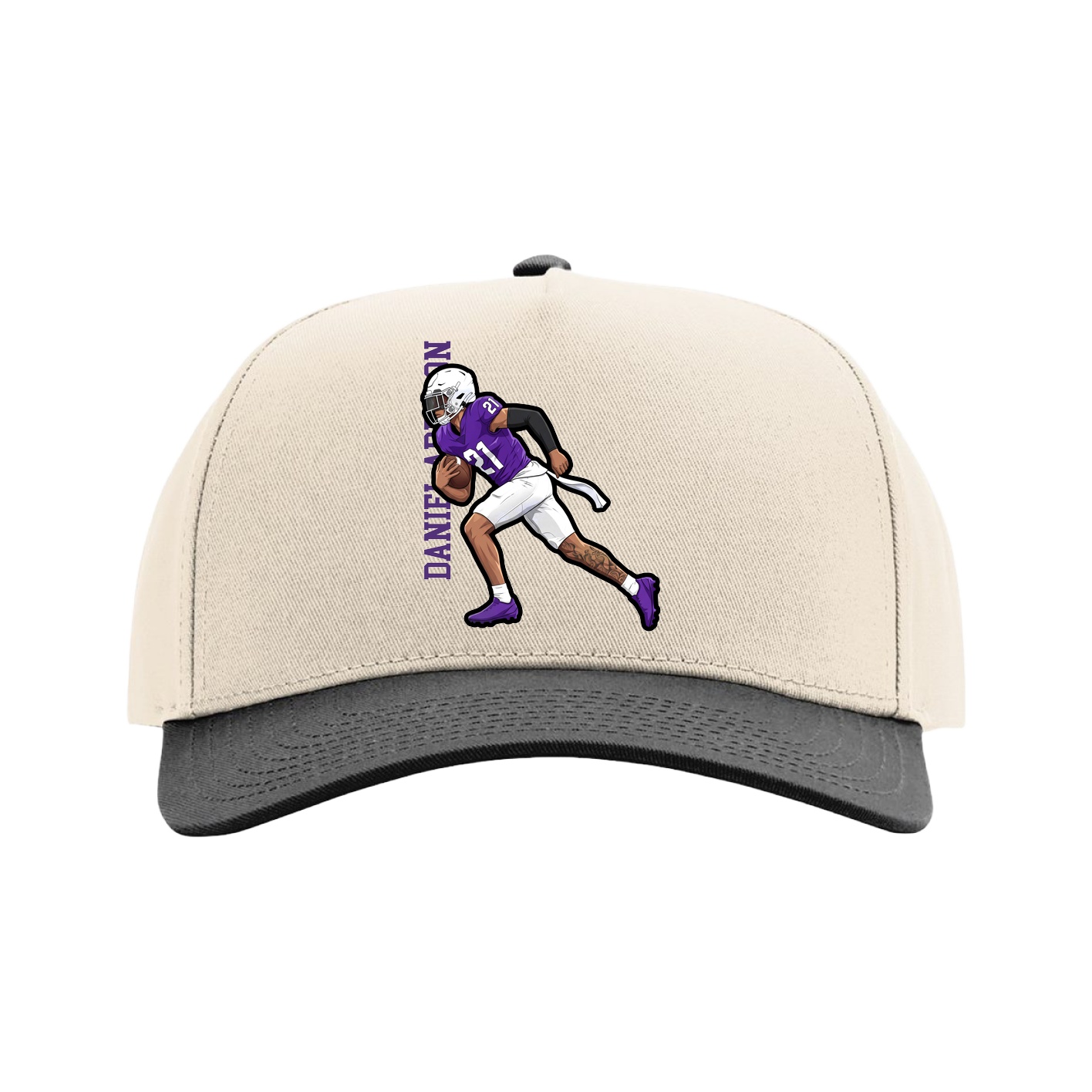 Full Fabric Five-Panel Champ Cap — Name Vertical in Cream/Black