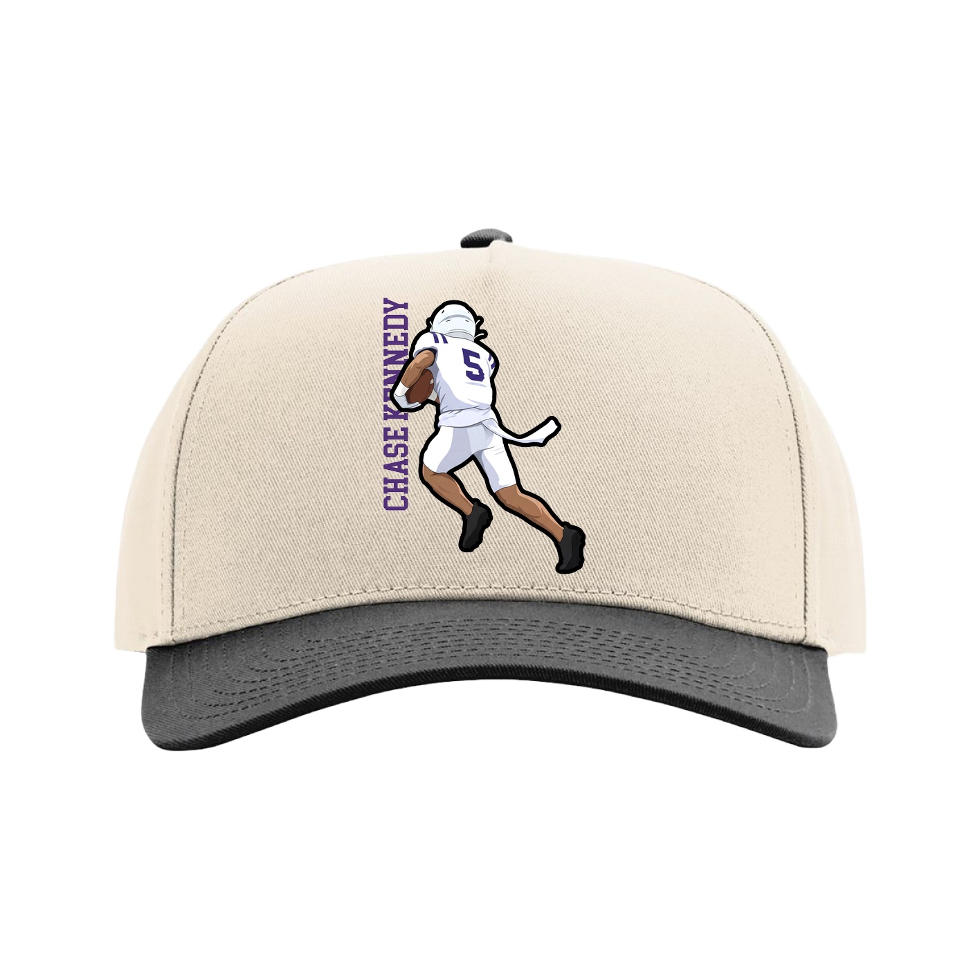 Full Fabric Five-Panel Champ Cap — Name Vertical in Cream/Black